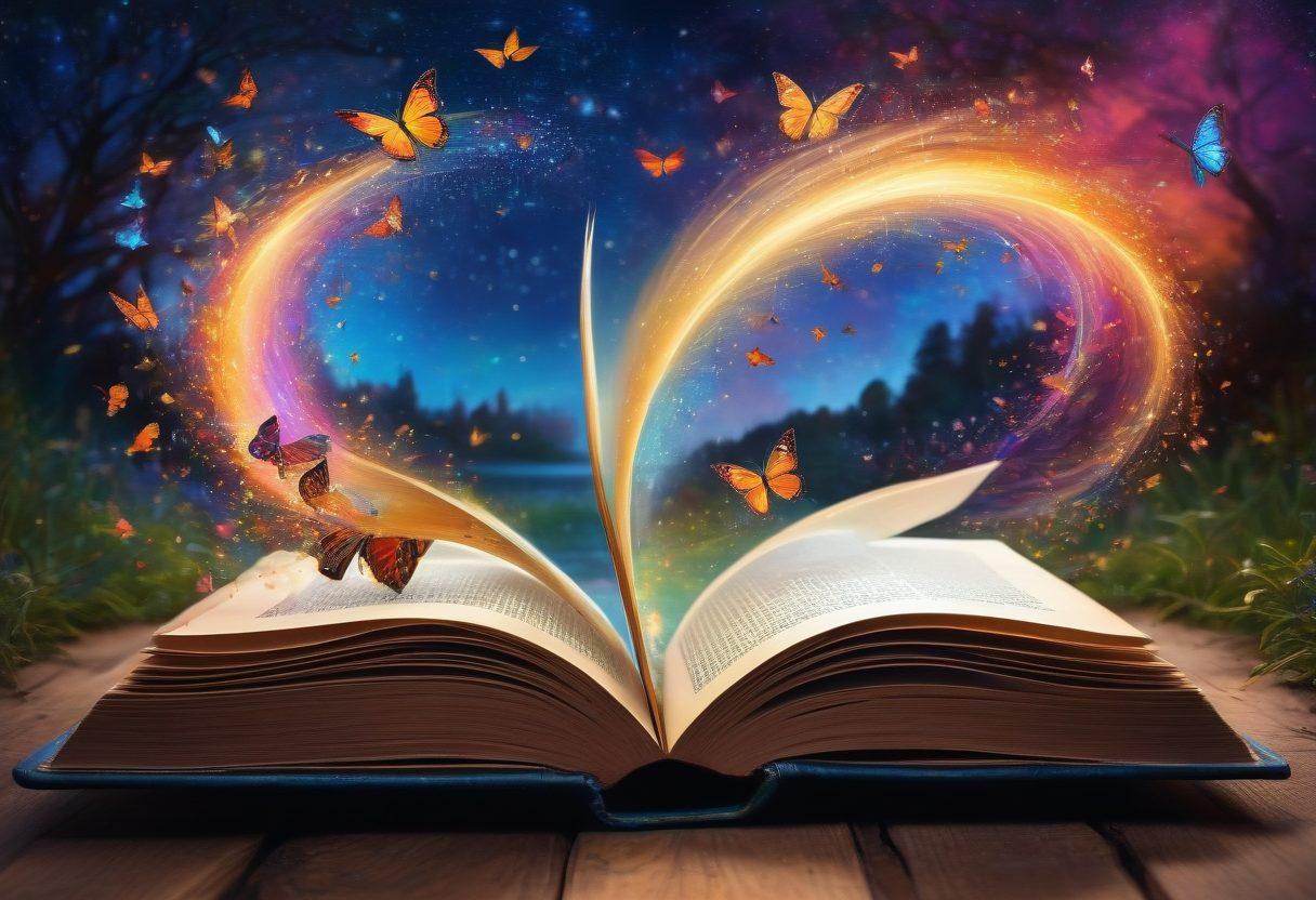 A majestic open book showcasing vibrant scenes of enchanting landscapes and diverse characters, illustrating thrilling adventures on one side and serene, blissful moments on the other. Background filled with swirling colors of imagination, symbolizing the power of storytelling. Ethereal light illuminating the pages, inviting readers into the stories. Elements like stars and butterflies fluttering around, enhancing the charm of the scene. super-realistic. vibrant colors. dreamy background.