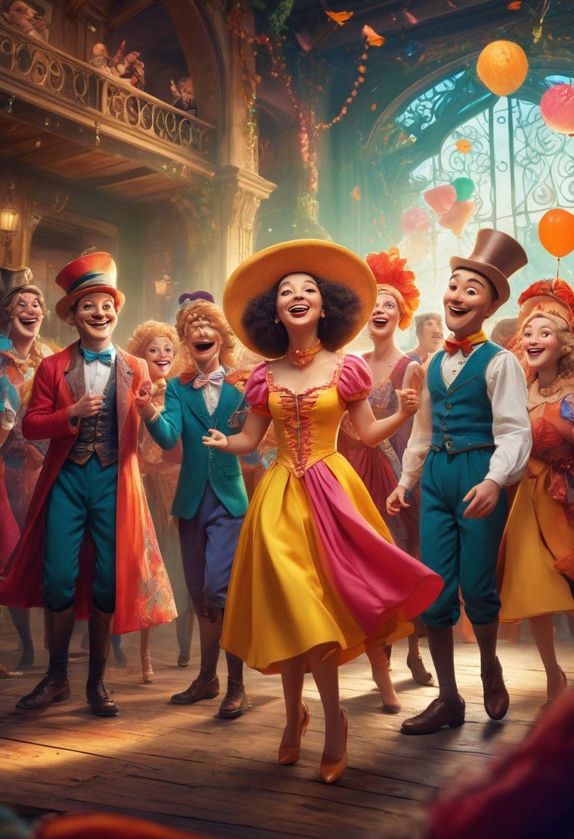 A whimsical scene featuring a diverse group of cheerful characters, each with unique outfits and expressions, interacting in a vibrant, colorful setting. They are surrounded by elements symbolizing drama, such as theater masks and script pages, conveying a sense of storytelling. The background should be lively with soft, playful colors to evoke joy and engagement. Include hints of serialized drama, like episodic frames or timelines, to emphasize the theme. cartoon style. bright colors. whimsical.