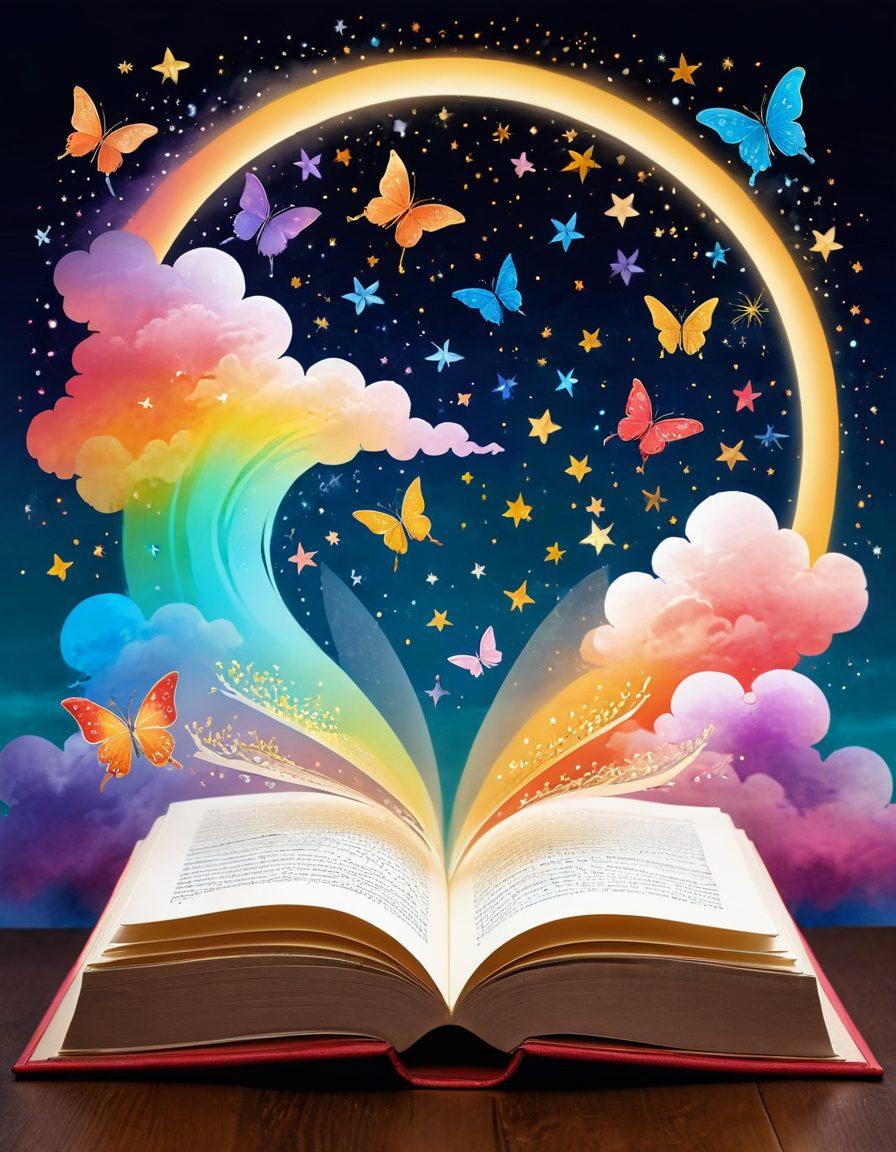 A serene scene depicting an open book with pages swirling around it, showcasing glowing words and colorful illustrations representing joyful tales. Surround the book with whimsical elements like soft clouds, butterflies, and glowing stars to evoke a sense of bliss. The background should be a gradient of warm colors, creating a dreamy atmosphere. ethereal. vibrant colors. painting.